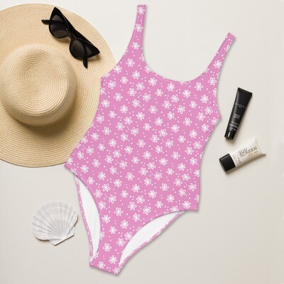 Purple pink one-piece swimsuit with white flowers up to 3XL