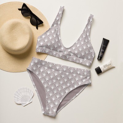 Pink grey recycled high-waisted bikini with white pattern up to 3XL