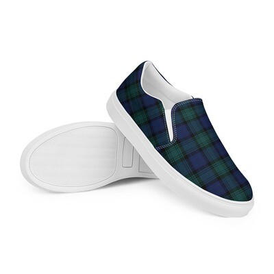 Women’s slip-on canvas shoes in black watch pattern - Blackwatch slip-ons - Blue and green check sneakers
