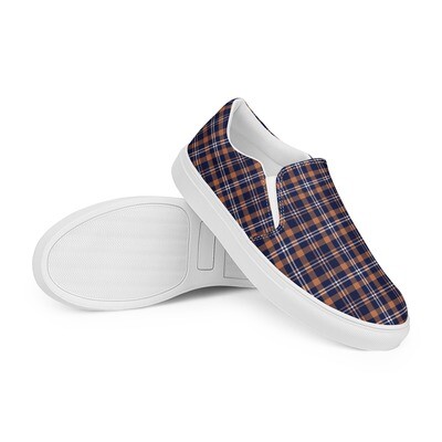 Women’s slip-on canvas shoes in blue and tan check pattern - Comfortable walking shoes - Plaid sneakers