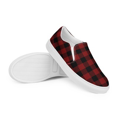 Women’s slip-on canvas shoes in red black plaid pattern - Plaid slip-ons - Canvas sneakers
