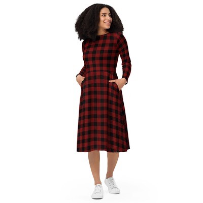 Red and black long sleeve midi dress - Plaid dress - Checkered midi dress - Red and black check dress up to 6XL