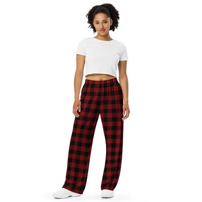 Red and black plaid unisex wide-leg pants - Plaid palazzo pants - Women's wide pants