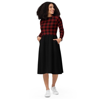 Red and black plaid long sleeve midi dress - Black fall or winter dress with red plaid details - Red and black check dress