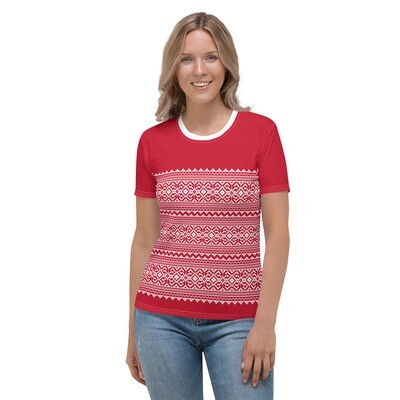 Women's Christmas t-shirt in bright red color with white pattern