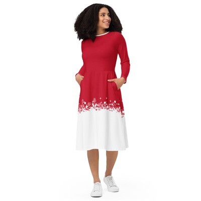 Red Christmas long sleeve midi dress with snowflakes