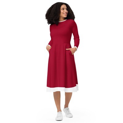 Deep red long-sleeve midi dress with white details - inspired by Mrs. Claus outfit