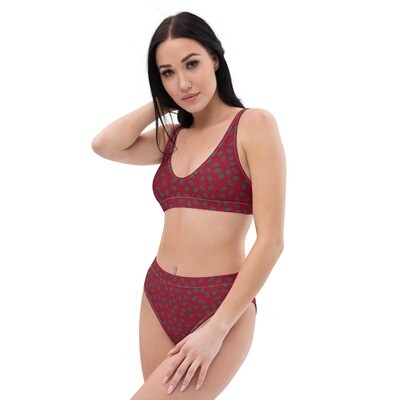 Deep red recycled high-waisted bikini with mistletoe pattern - Christmas bikini set