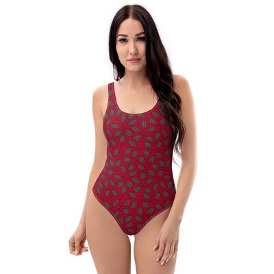 Deep red one-piece swimsuit with mistletoe pattern - Christmas swimsuit