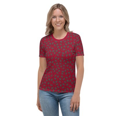 Women's deep red t-shirt with mistletoe pattern - Christmas tee