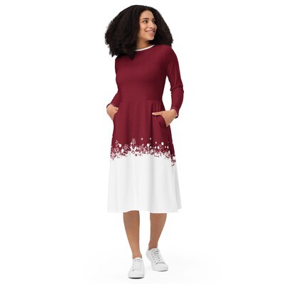 Burgundy red long sleeve midi dress with white border and snowflakes - Christmas dress