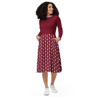 Burgundy red long sleeve midi dress with snowflake pattern up to 6XL - Winter dress - Christmas dress