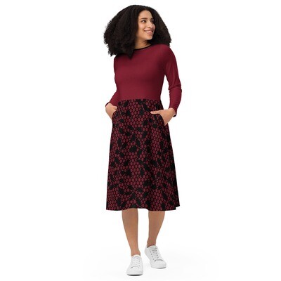 Burgundy red long sleeve midi dress with printed black lace pattern - Party dress