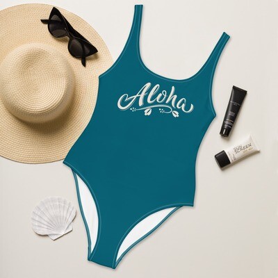 Dark retro turquoise one-piece swimsuit with Hawaiian greeting in sizes XS-3XL