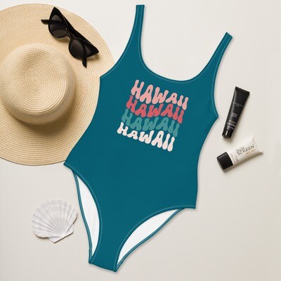 Dark retro turquoise swimsuit with text Hawaii on the front in sizes XS-3XL