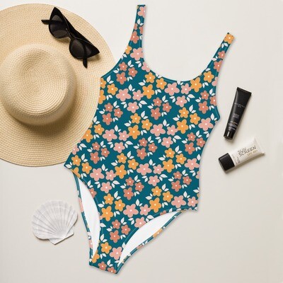 Retro floral one-piece swimsuit with scoop neckline in sizes XS-3XL