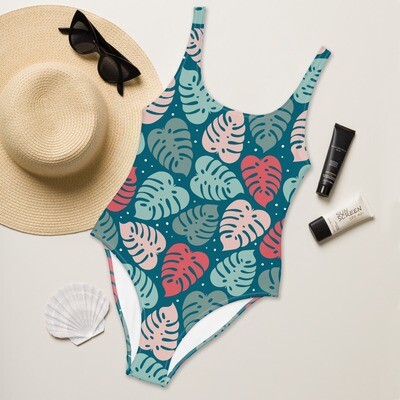 Retro turquoise Monstera pattern one-piece swimsuit in sizes XS-3XL