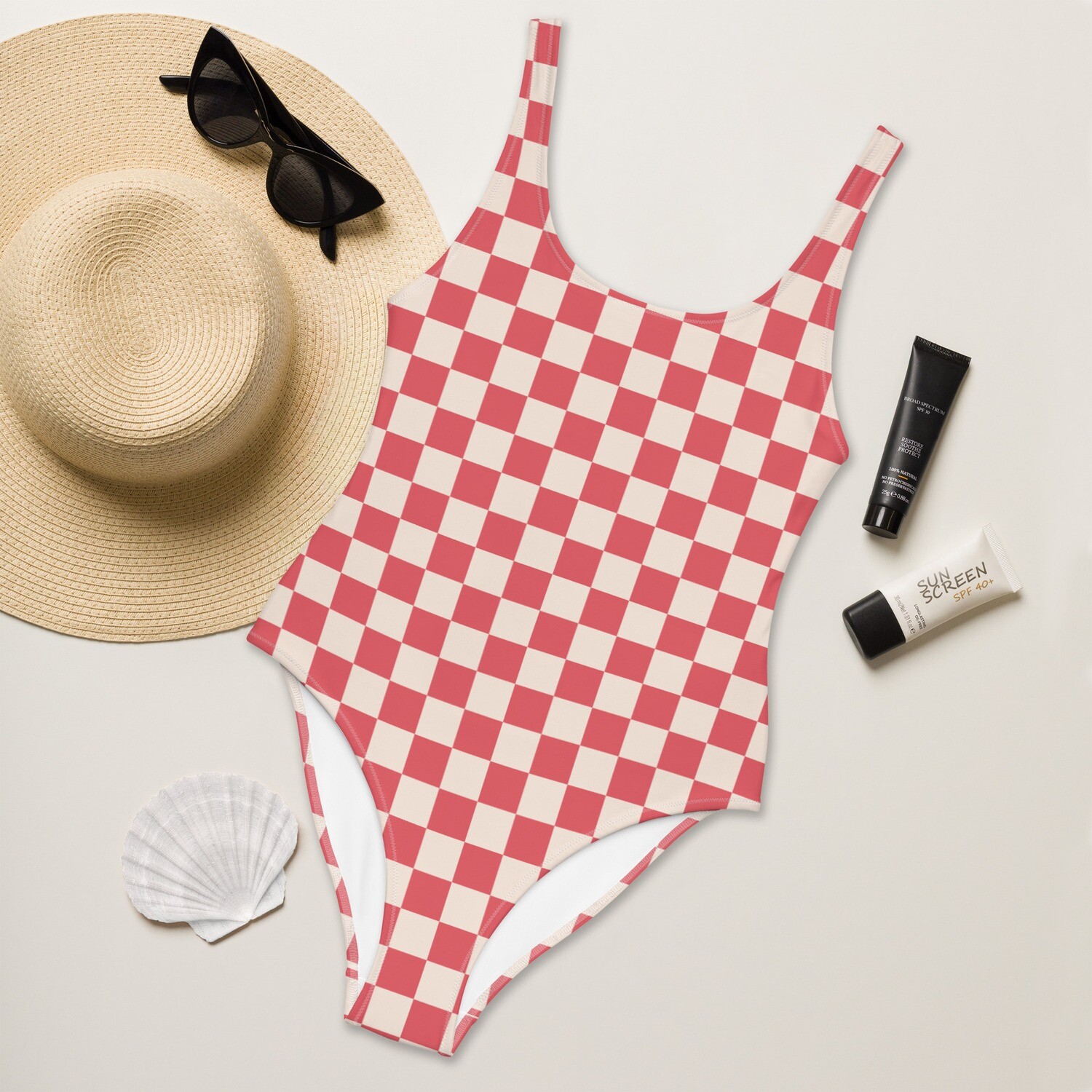 Retro red checkered one-piece swimsuit in sizes XS-3XL