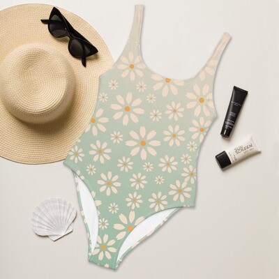Pastel green ombre swimsuit with retro floral boho pattern in sizes XS-3XL