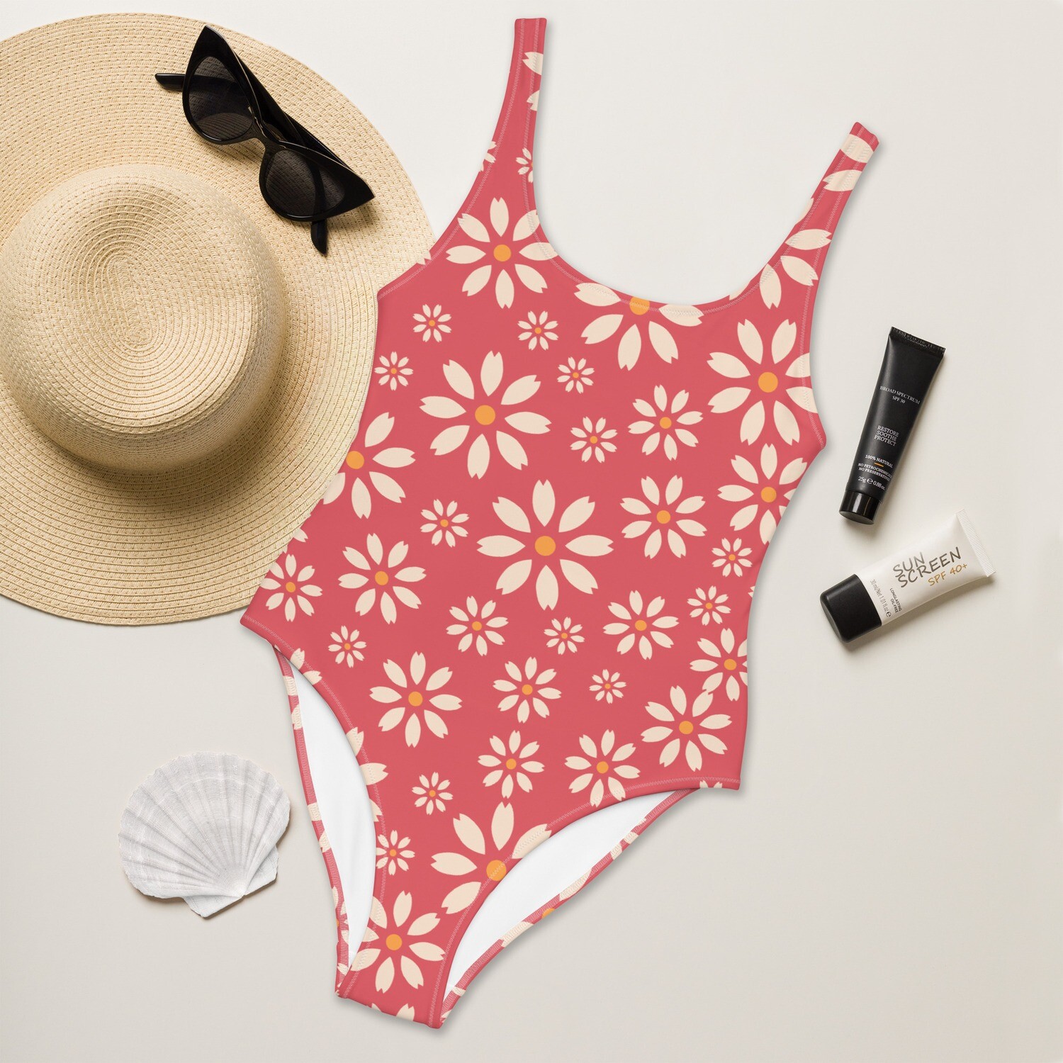 Retro red one-piece swimsuit with bohemian daisy pattern in sizes XS-3XL