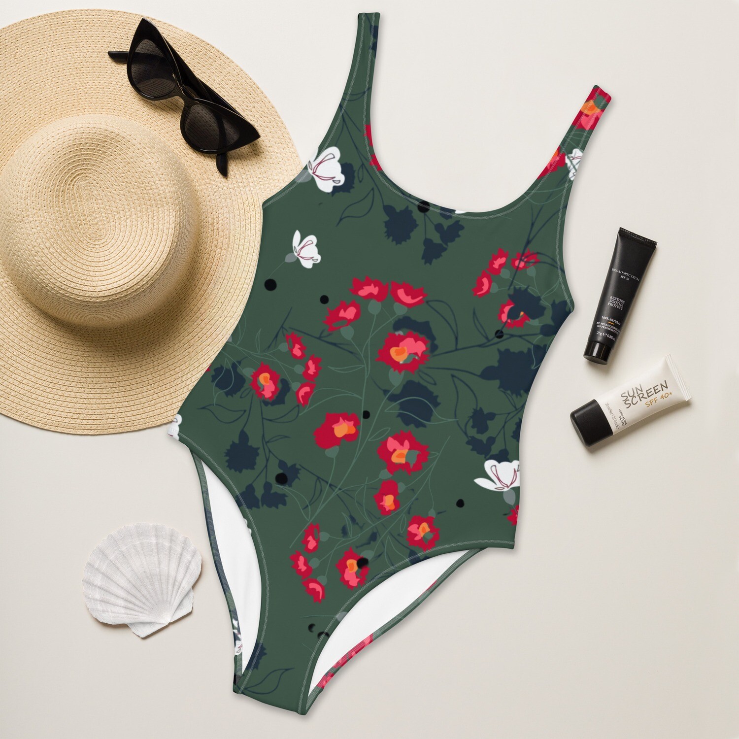 Olive green one-piece swimsuit with boho meadow flowers in sizes XS-3XL