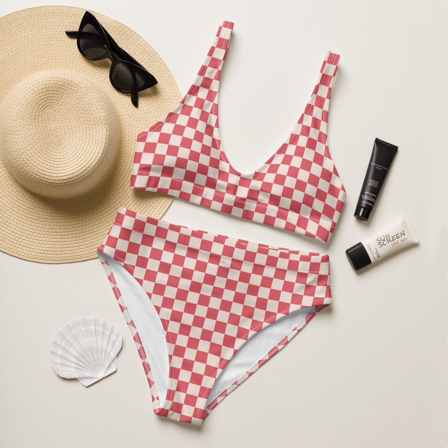 Retro red checkered recycled high-waisted bikini with white lining in sizes XS-3XL
