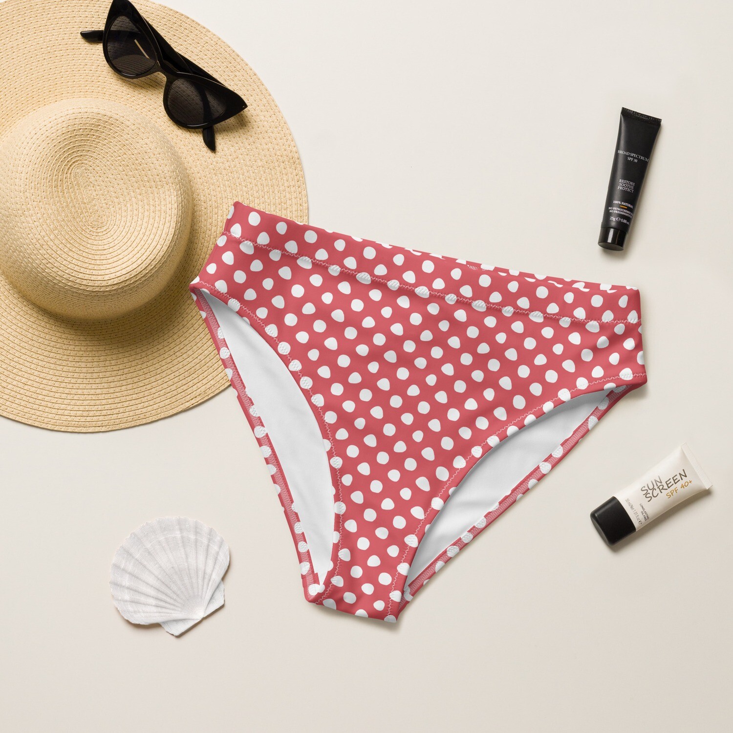 Retro red recycled high-waisted bikini bottom with polka dots in sizes XS-3XL