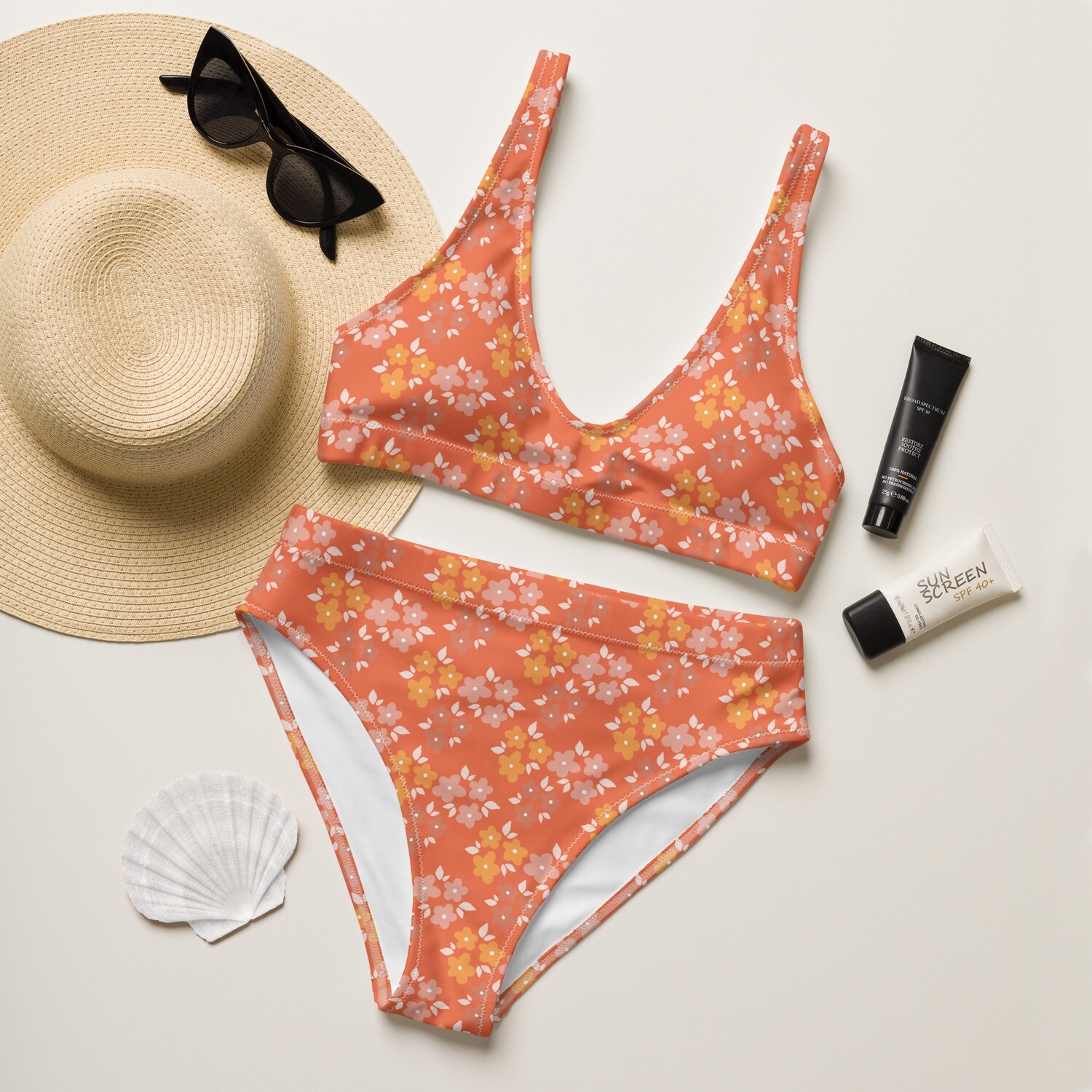 Orange retro floral recycled high-waisted bikini set in sizes XS-3XL