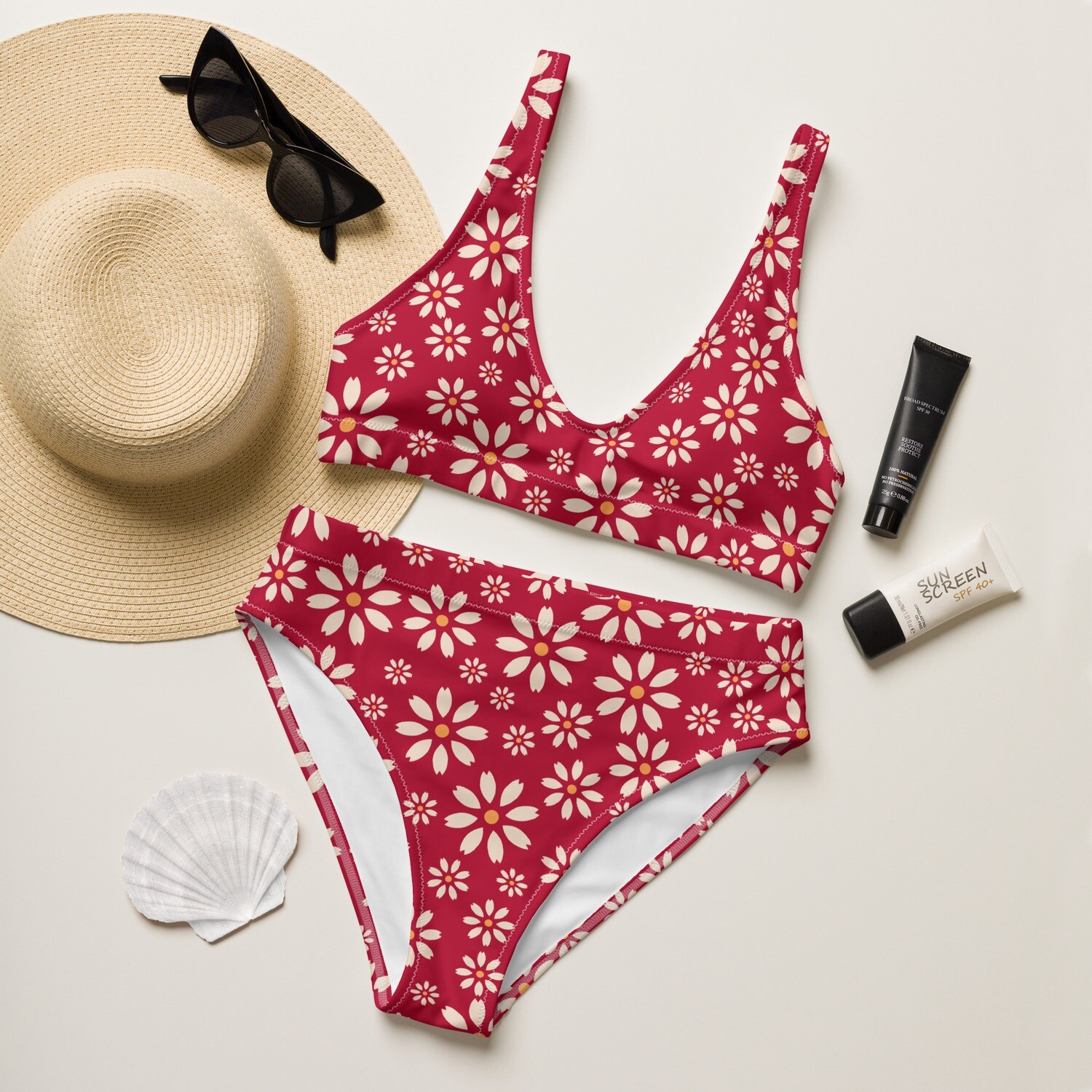 Hibiscus red recycled high-waisted bikini set with retro daisies in sizes XS-3XL