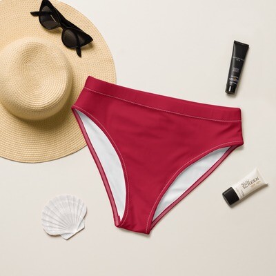 Hibiscus red recycled high-waisted bikini bottom with white lining in sizes XS-3XL