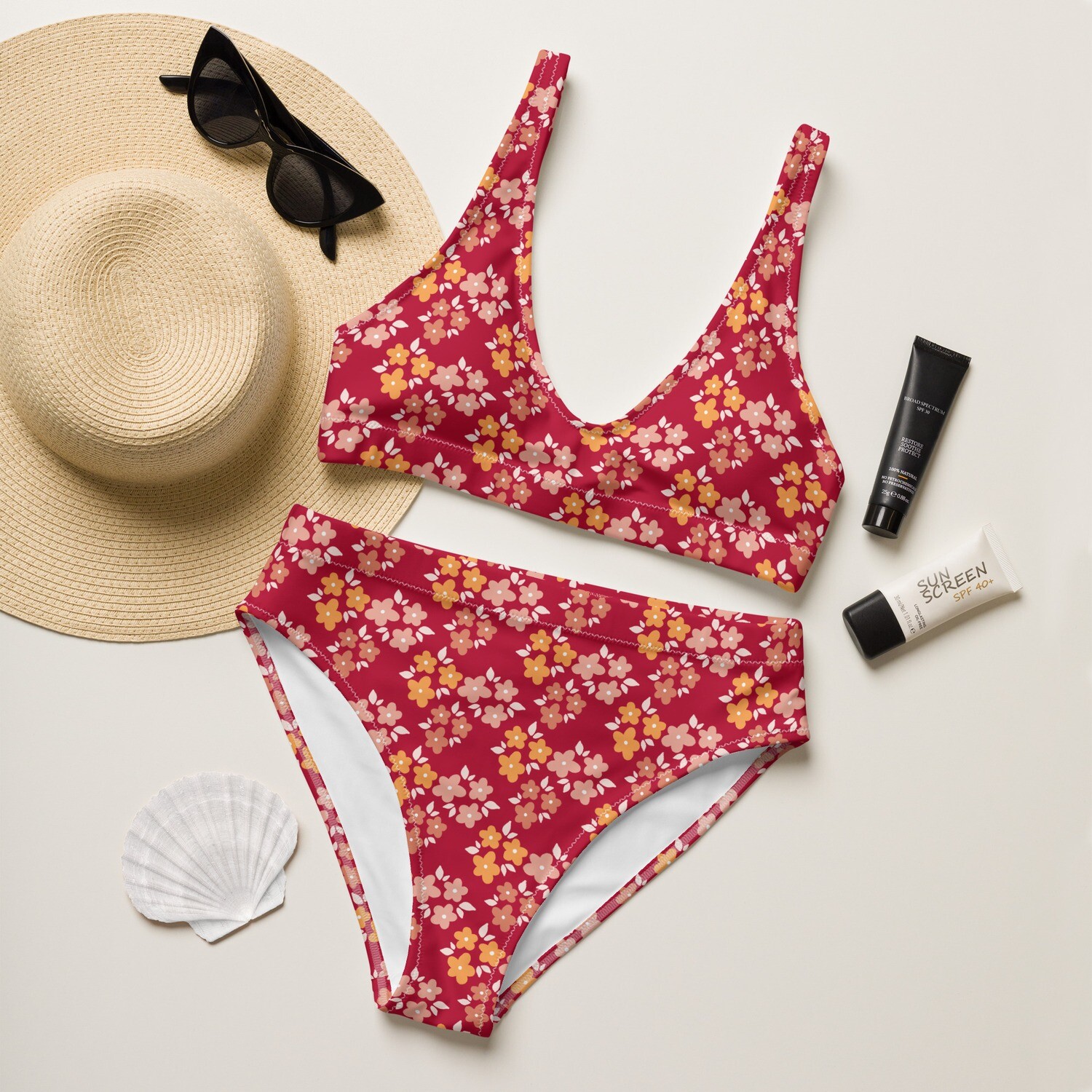 Hibiscus red recycled high-waisted bikini set with retro floral pattern in sizes XS-3XL