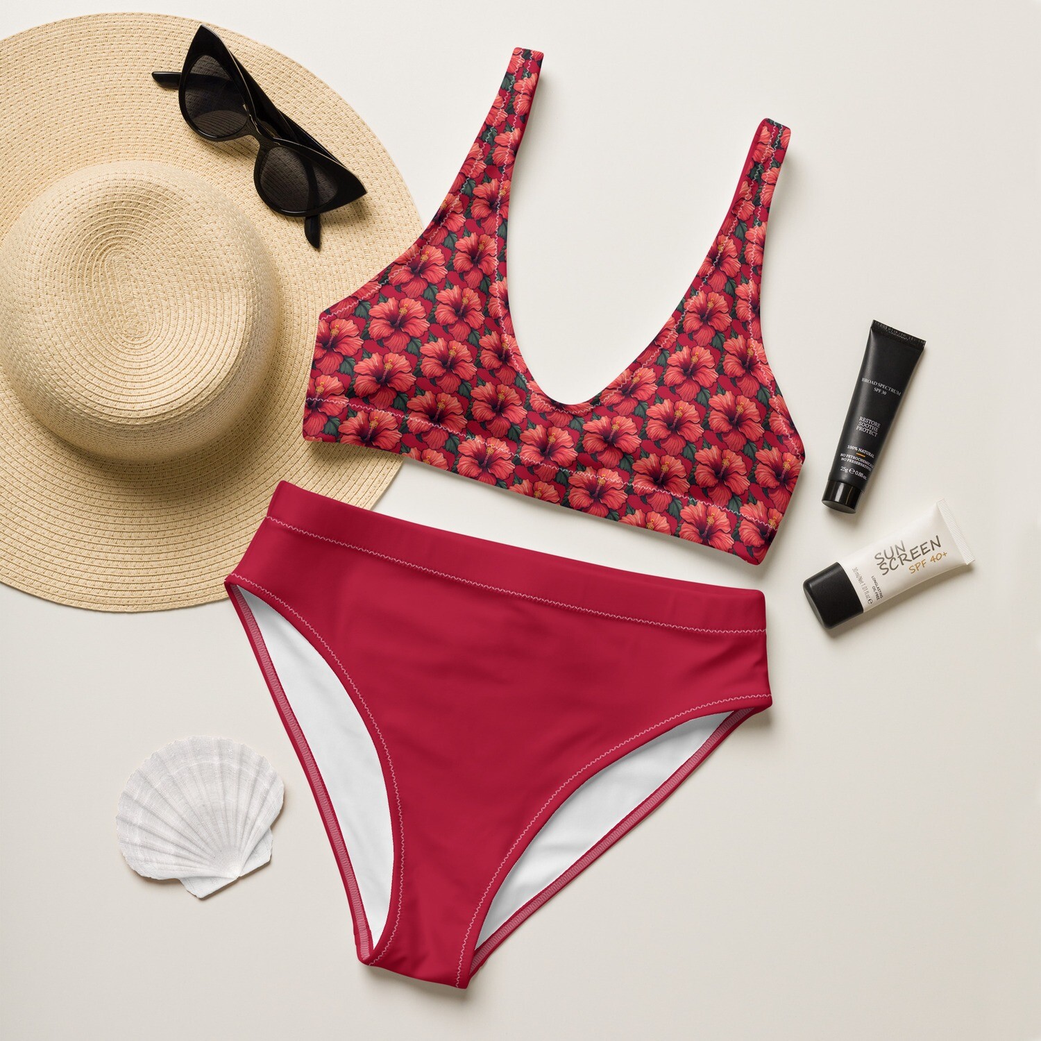 Hibiscus red recycled high-waisted bikini set with hibiscus flowers on the bikini top in sizes XS-3XL