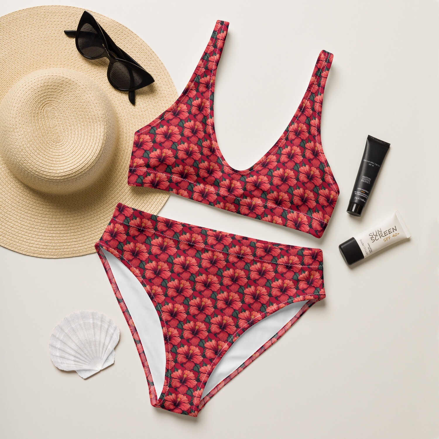 Red hibiscus pattern recycled high-waisted bikini in sizes XS-3XL