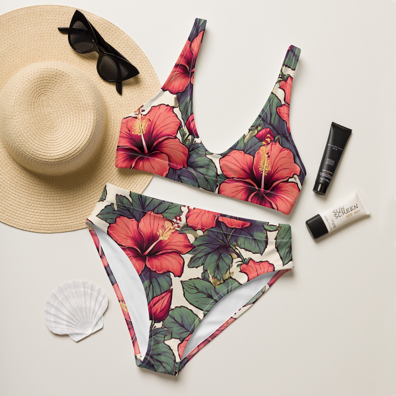 Tropical recycled high-waisted bikini with retro hibiscus flowers in sizes XS-3XL