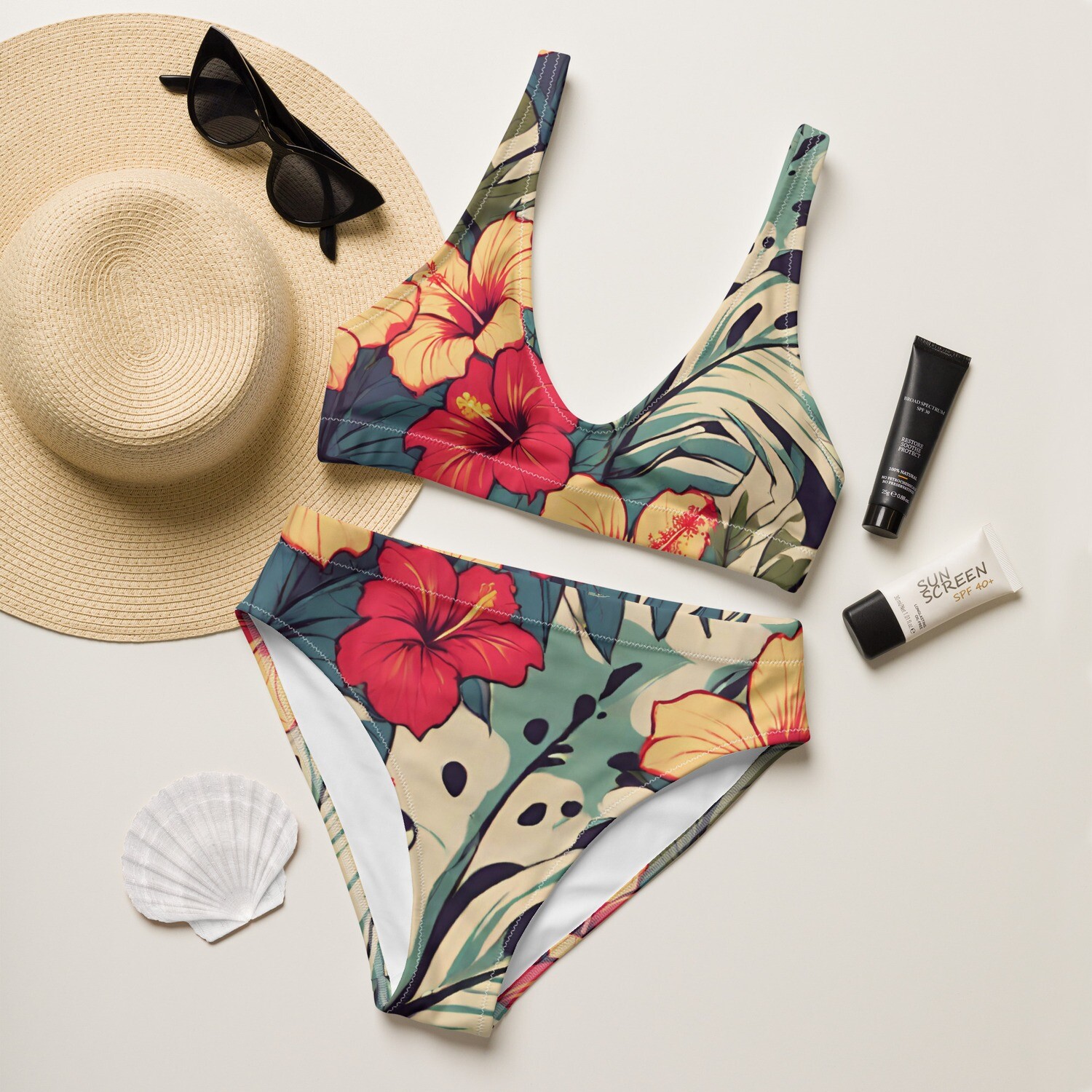 Hawaiian flower pattern on recycled high-waisted bikini in sizes XS-3XL