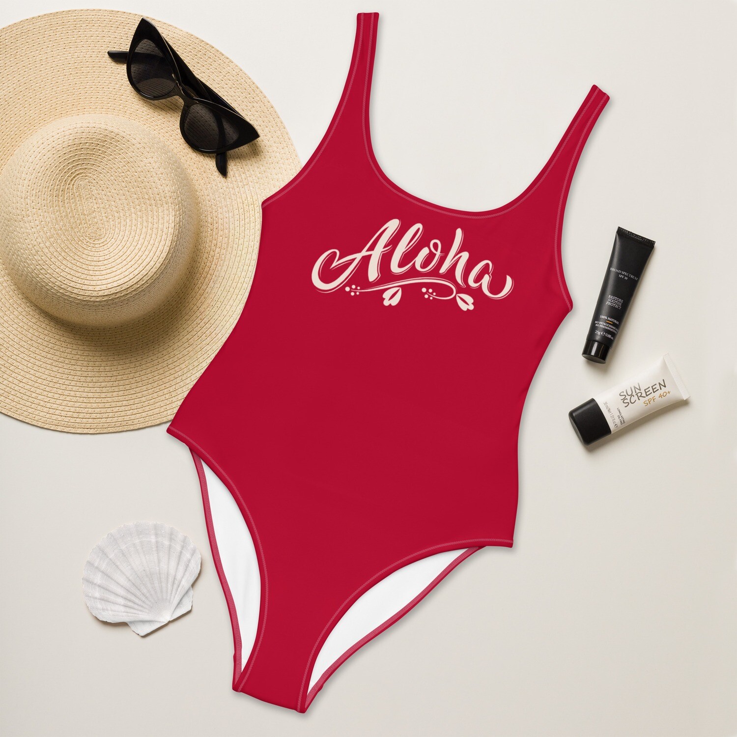 Hibiscus red color one-piece swimsuit with Hawaiian greeting in sizes XS-3XL
