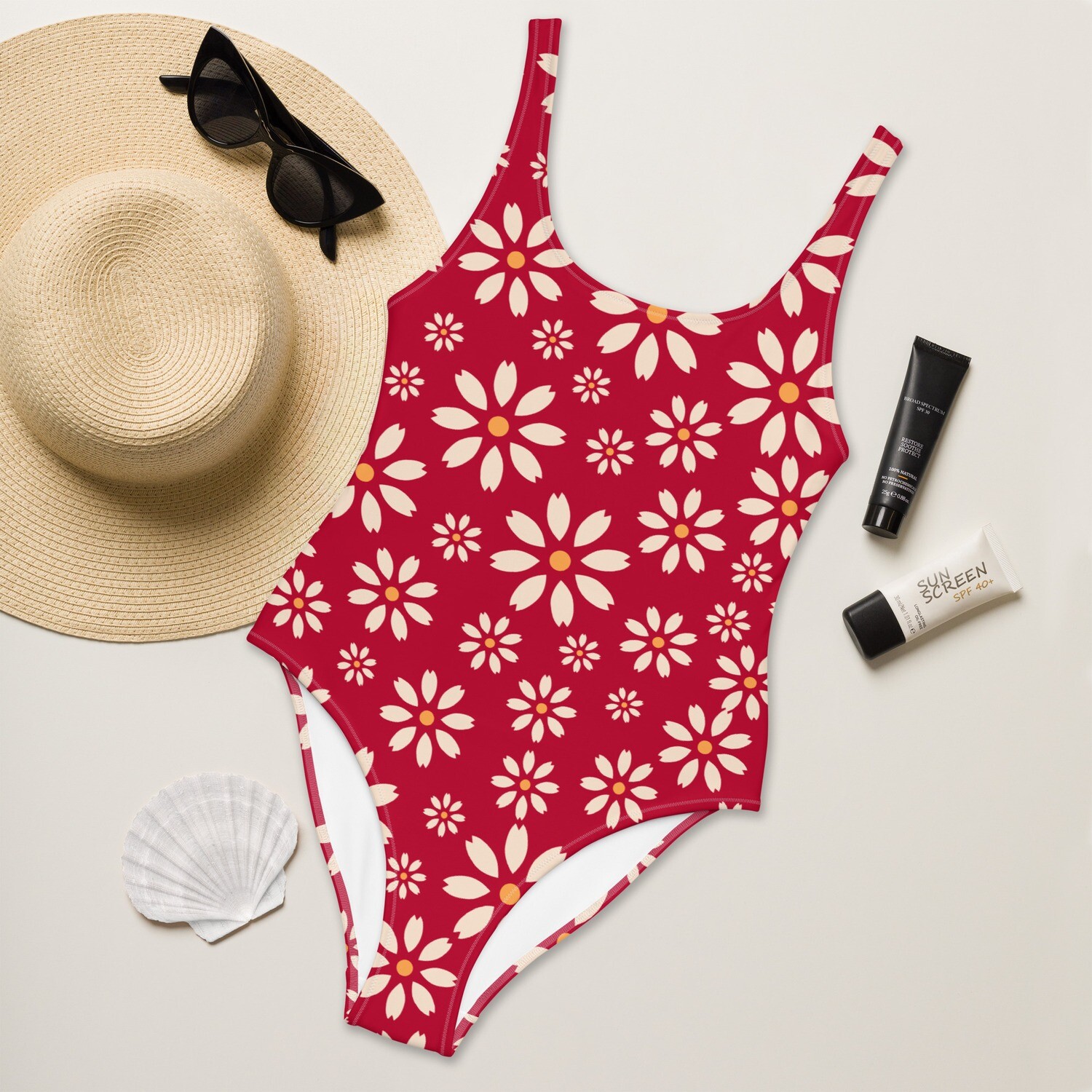 Hibiscus red one-piece swimsuit with retro daisy pattern in sizes XS-3XL