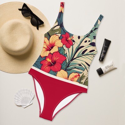 Hibiscus red one-piece swimsuit with Hawaiian hibiscus flowers on the front in sizes XS-3XL