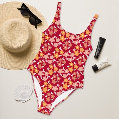Hibiscus red retro floral one-piece swimsuit in sizes XS-3XL