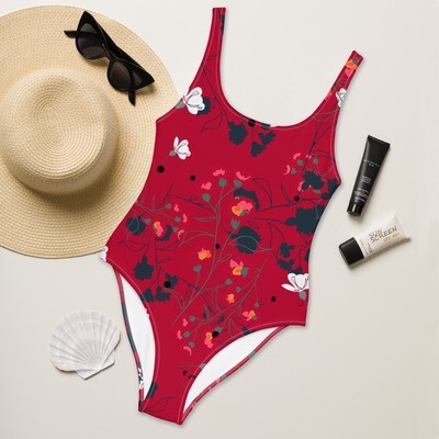 Hibiscus red one-piece swimsuit with meadow flowers in sizes XS-3XL