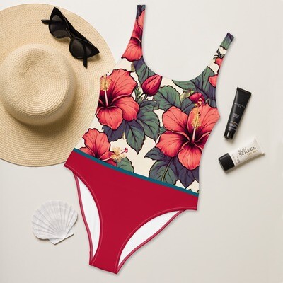 Hibiscus red one-piece swimsuit with retro Hawaiian hibiscus blossoms on the front in sizes XS-3XL