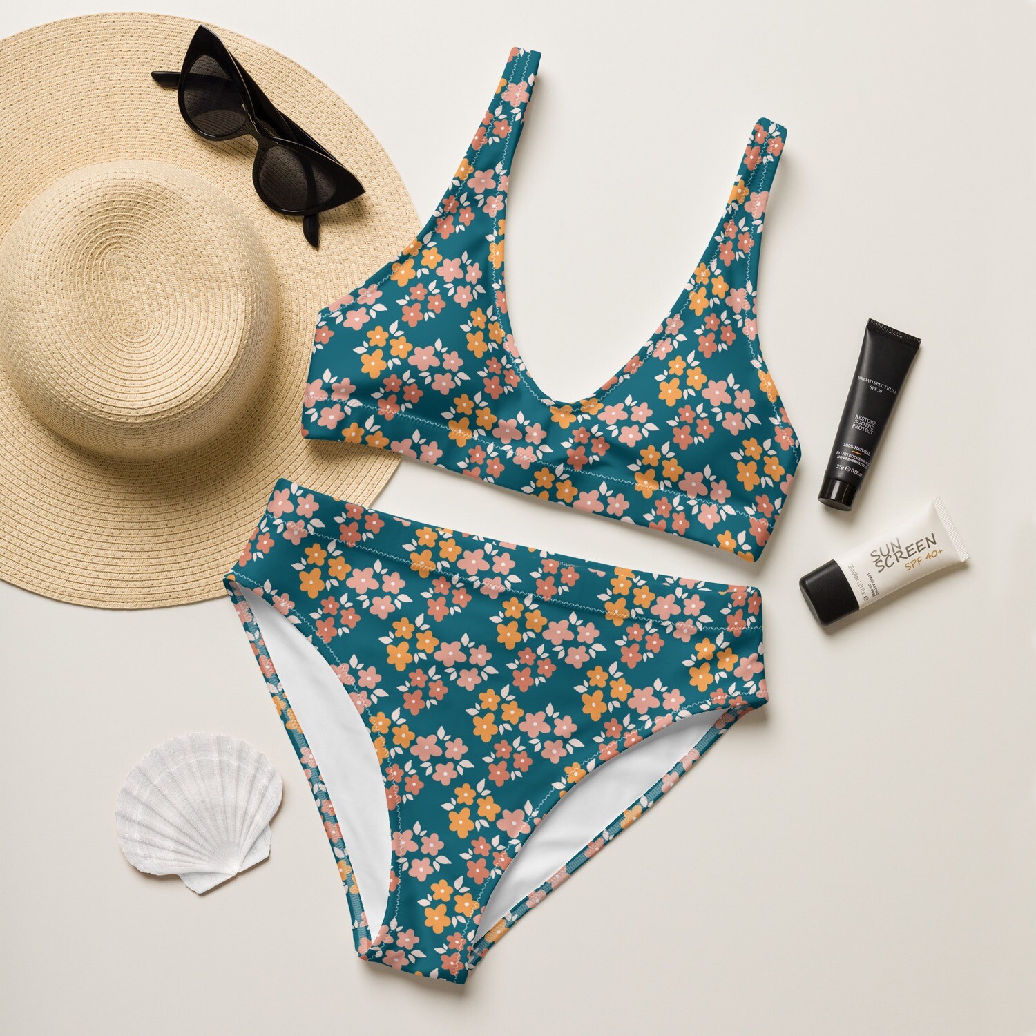 Dark retro turquoise recycled high-waisted bikini set with retro floral pattern in sizes XS-3XL
