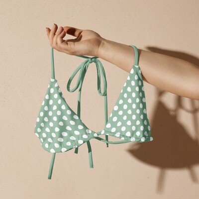 Pastel green recycled triangle bikini top with white polka dots and green lining in sizes 2XS-6XL