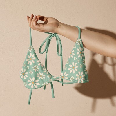 Pastel green recycled triangle bikini top with retro daisies in sizes 2XS-6XL