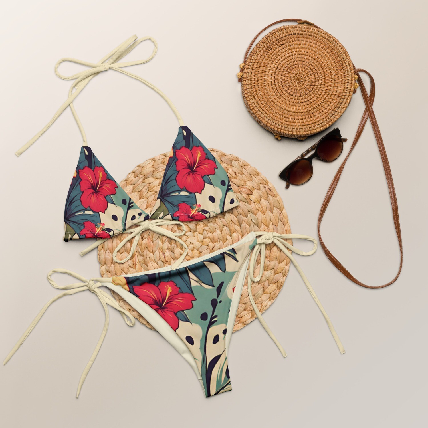 Tropical recycled triangle bikini with Hawaiian hibiscus blossoms in sizes 2XS-6XL