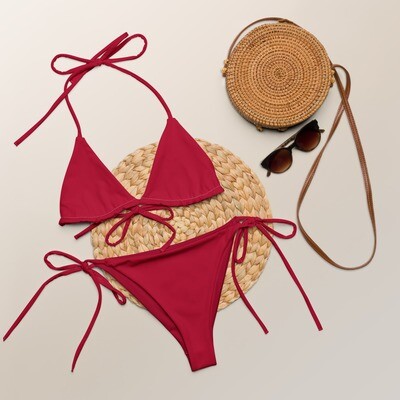 Hibiscus red recycled triangle bikini with red lining in sizes 2XS-6XL