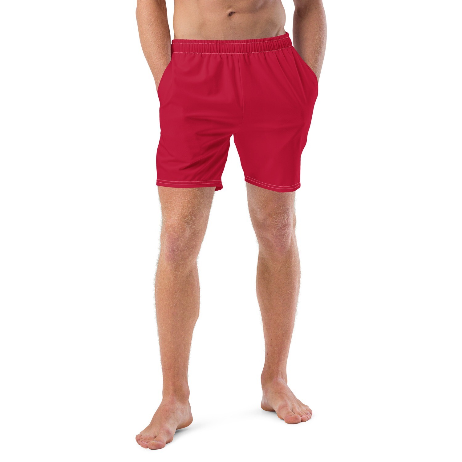 Men's hibiscus red swim trunks in sizes 2XS-6XL