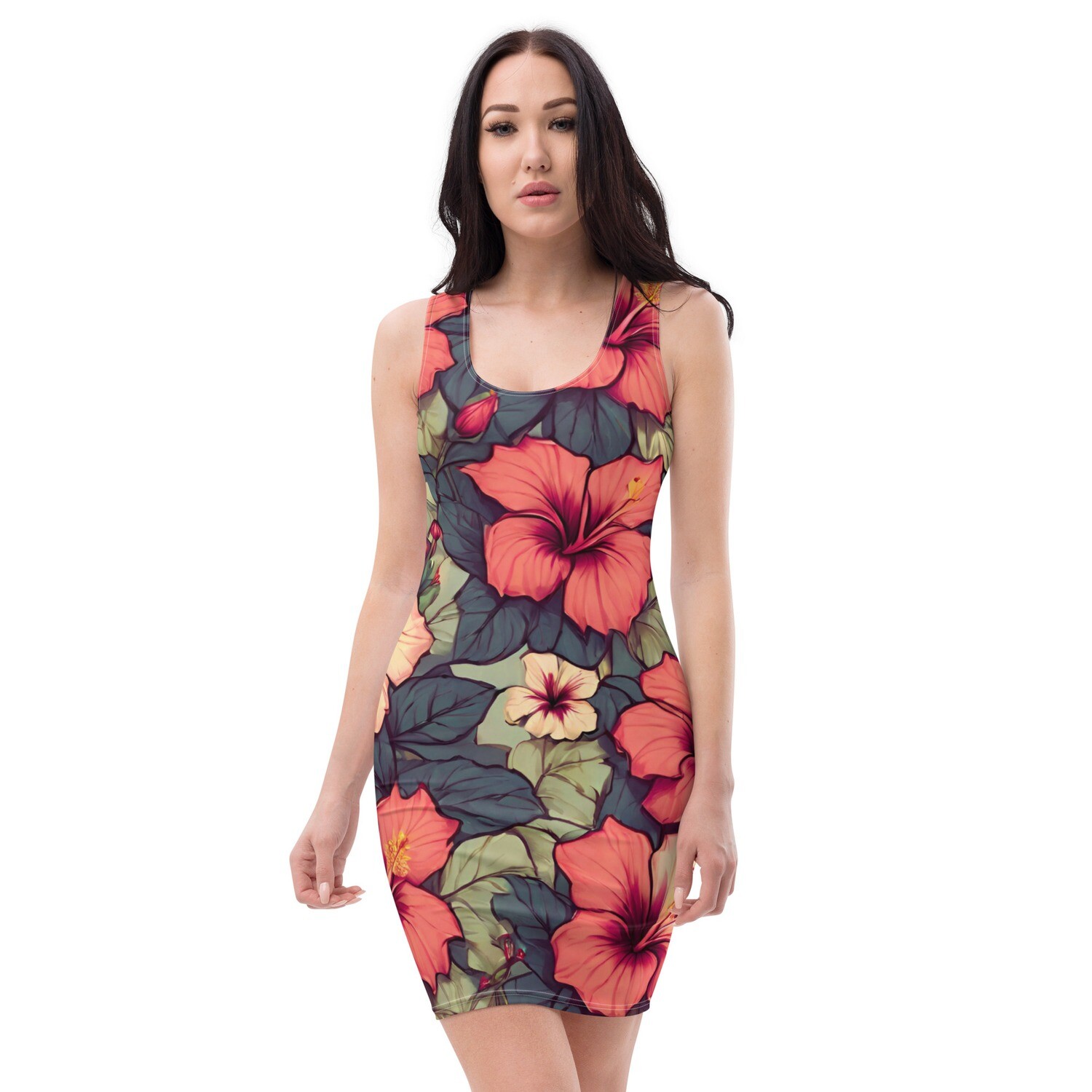 Hawaiian tropical pattern bodycon beach dress in sizes XS-XL
