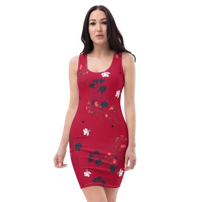 Hibiscus red stretchy bodycon dress with meadow flowers in sizes XS-XL