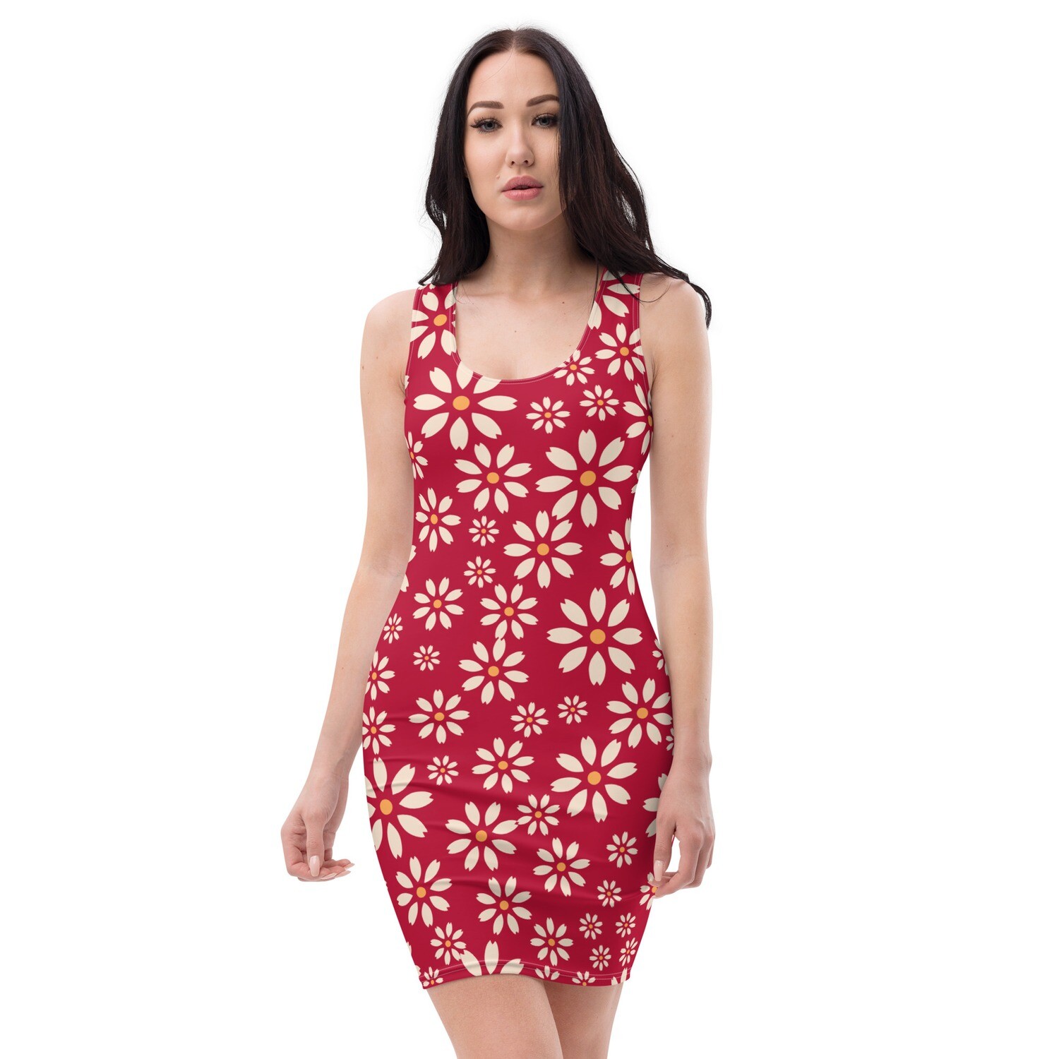 Hibiscus red bodycon dress with retro floral pattern in sizes XS-XL